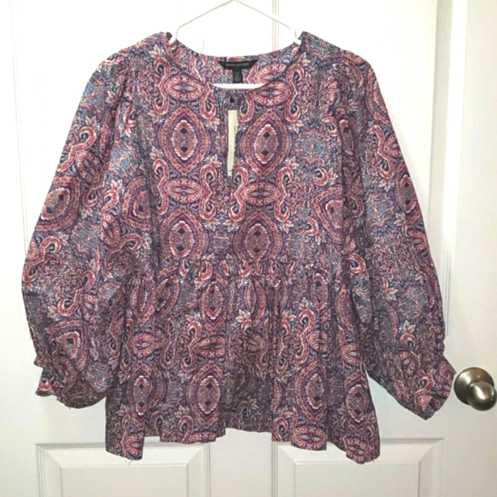 Banana Republic Top 3/4 Balloon Sleeve Paisley Peasant Blouse Size Large Petite